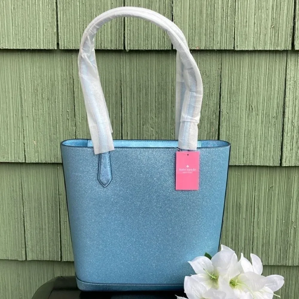 Kate Spade Tinsel Glitter Tote Frosty Sky Shoulder Bag Purse Winter